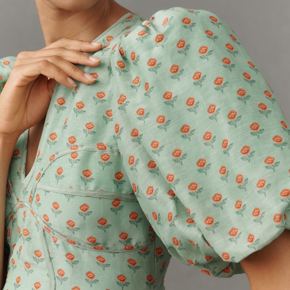 LOVAAN NWT Adeline Mini Puff Sleeve Linen Silk Dress in Green Rosette Size 10 - Picture 4 of 11
